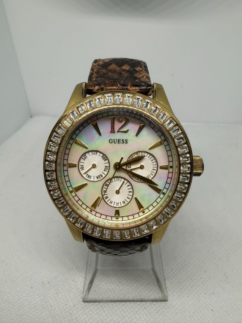Guess Waterpro U13535L2 Women's Gold-Tone Crystal Bezel Snake-Print Watch